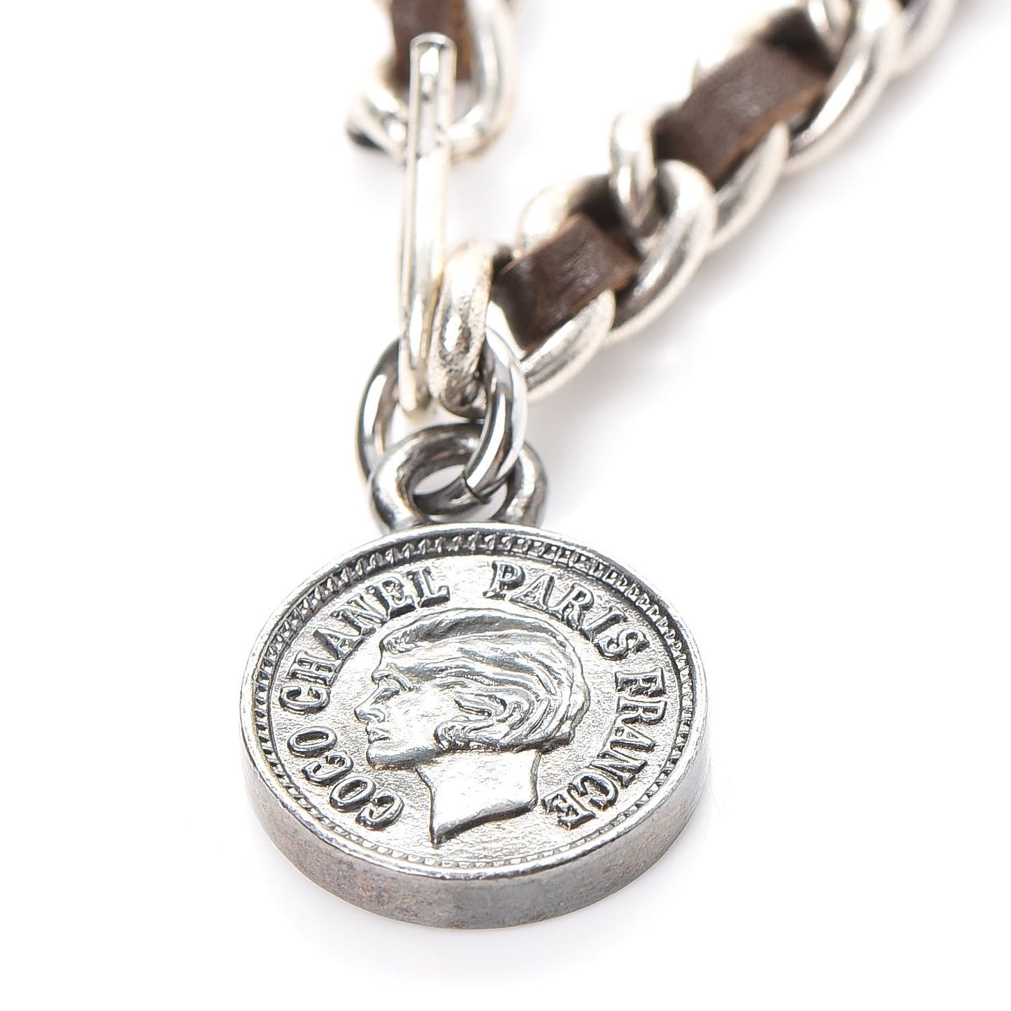 CHANE Lambskin Chain CC Medallion Belt Brown Silver