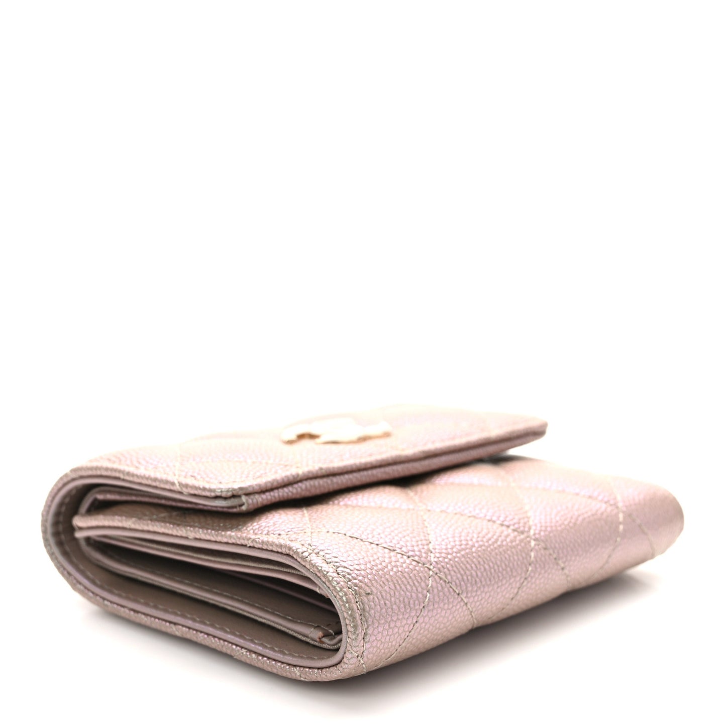 Iridescent Caviar Quilted Small Flap Wallet Beige