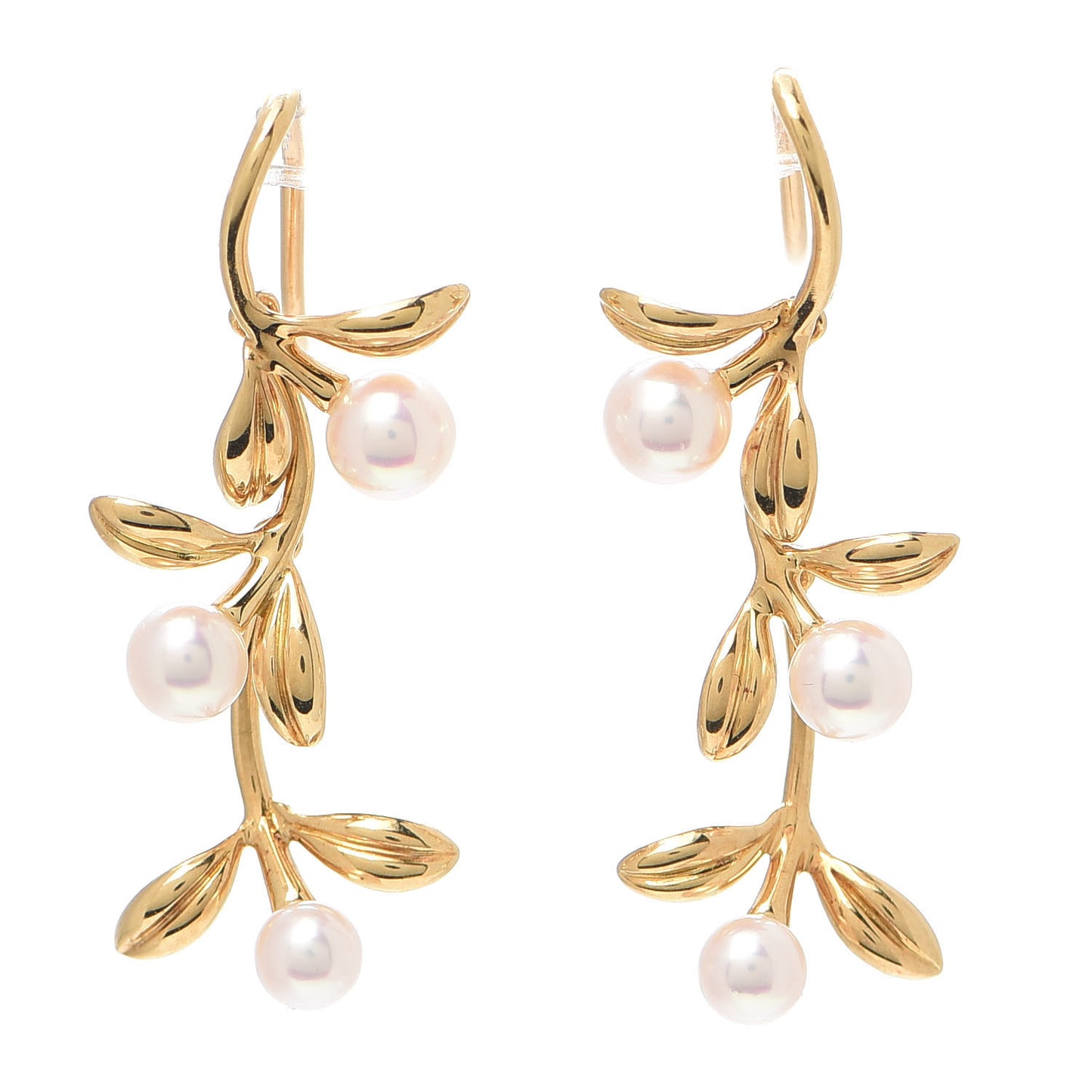 18K Yellow Gold Akoya Pearl Olive Leaf Earrings