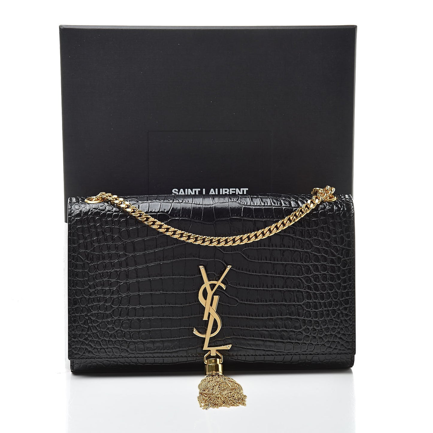 Calfskin Crocodile Embossed Medium Classic Monogram Kate Tassel Satchel Black
