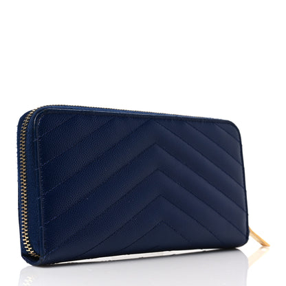 Saint Laurent Grain De Poudre Matelasse Chevron Monogram Zip Around Wallet Deep Marine 3 of 7