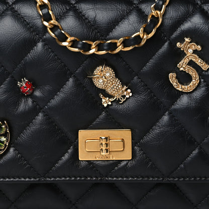 Chanel Aged Calfskin Quilted Lucky Charms 2.55 Reissue Wallet On Chain WOC Black 9 of 11
