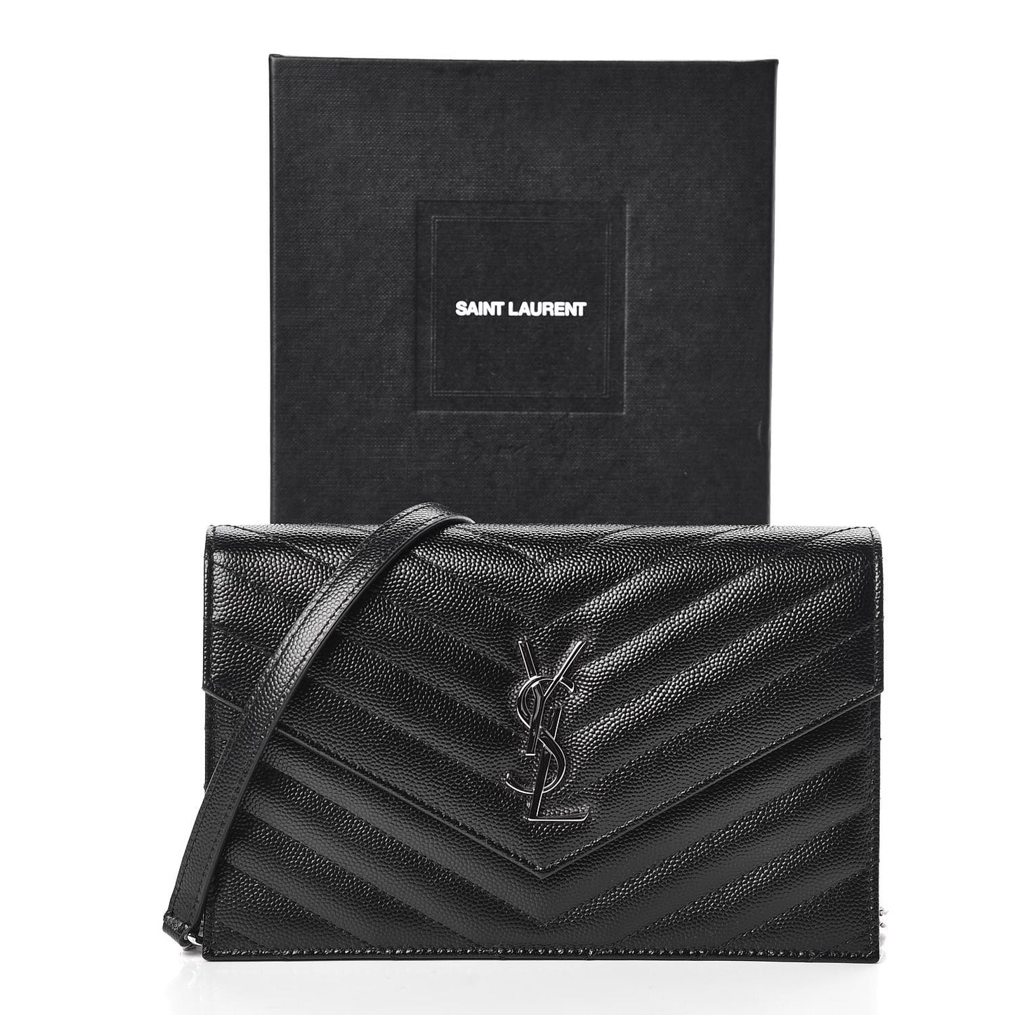 Grain De Poudre Matelasse Chevron Monogram Envelope Chain Wallet Black