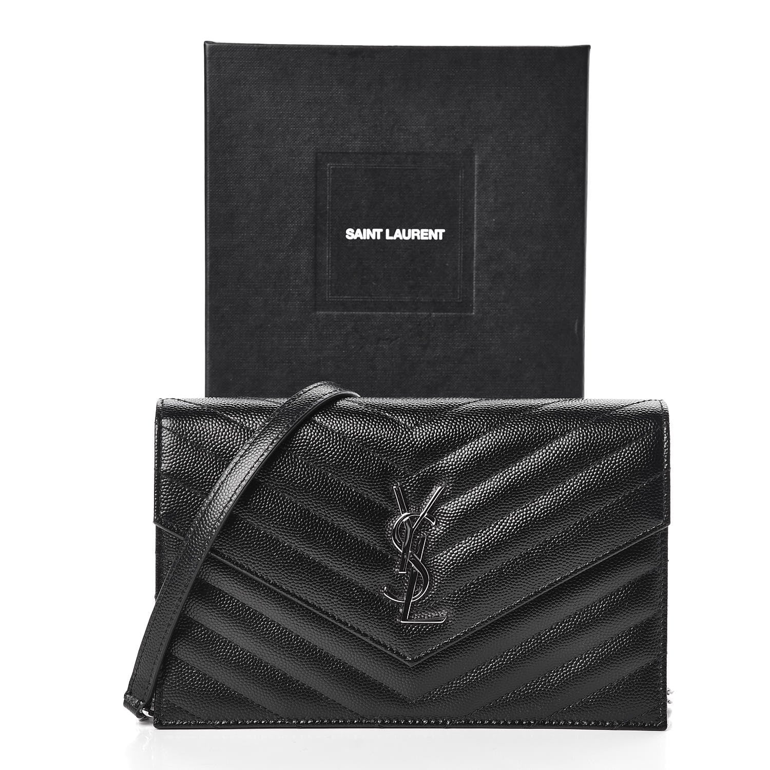Saint Laurent Grain De Poudre Matelasse Chevron Monogram Envelope Chain Wallet Black 10 of 10