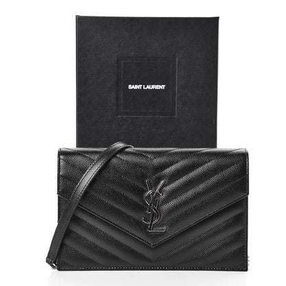 Saint Laurent Grain De Poudre Matelasse Chevron Monogram Envelope Chain Wallet Black 10 of 10