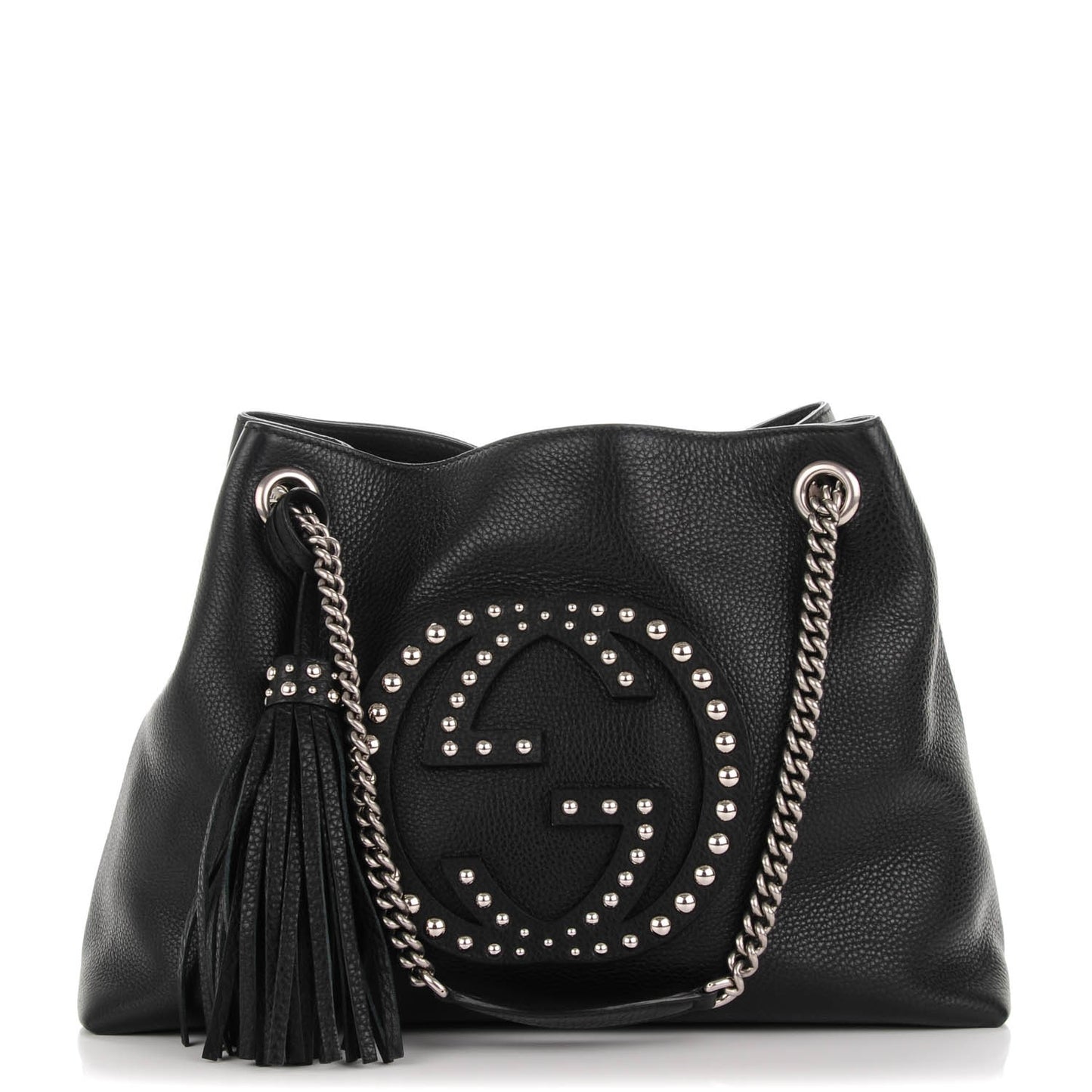 Pebbled Calfskin Studded Medium Soho Chain Shoulder Bag Black