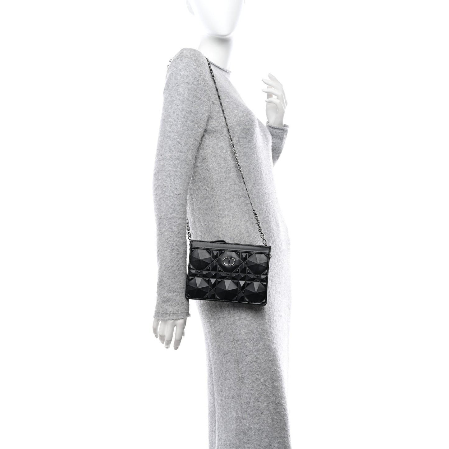CHRISTIAN DIOR Calfskin Macrocannage Diamond Caro Zipped Pouch With Chain Black