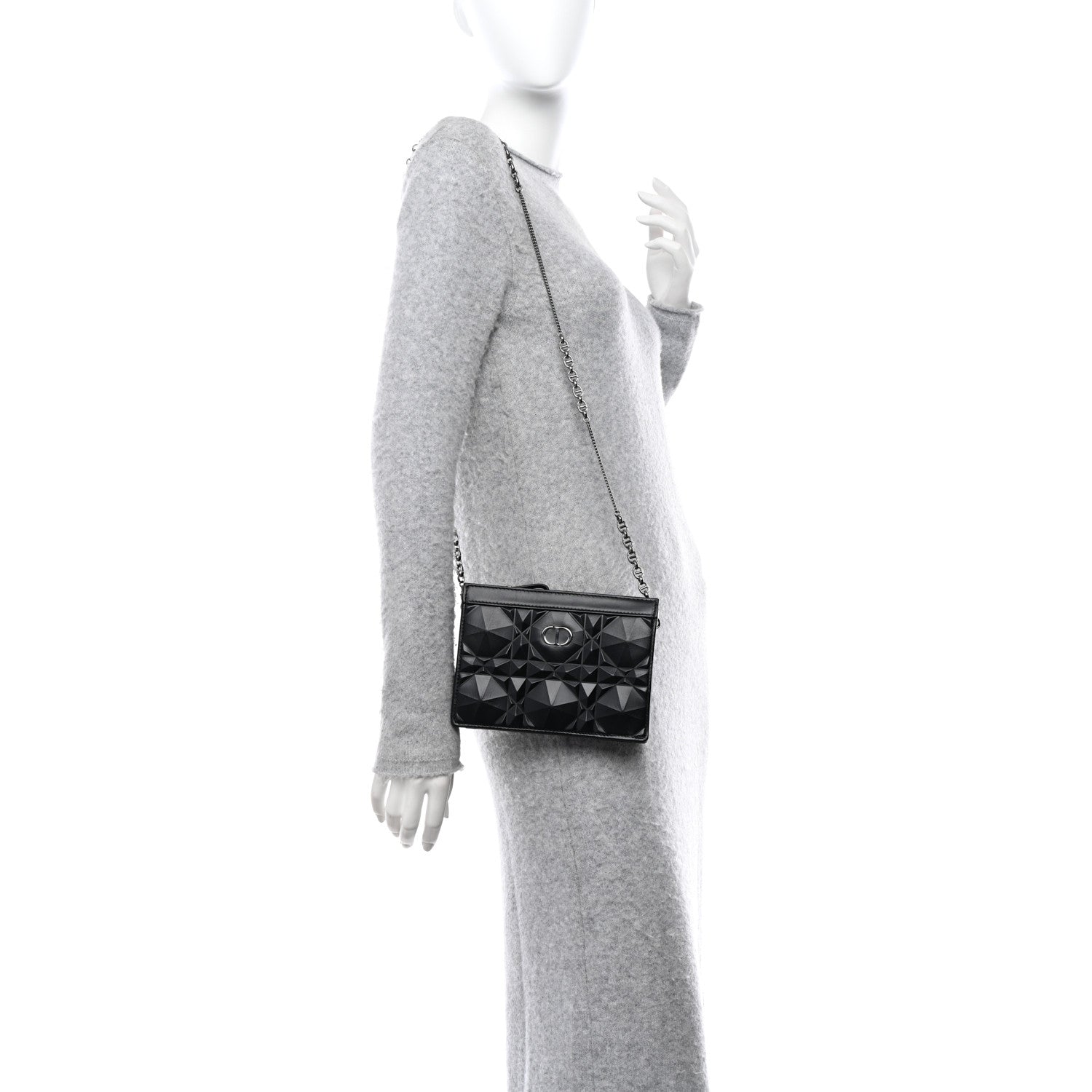 Christian Dior CHRISTIAN DIOR Calfskin Macrocannage Diamond Caro Zipped Pouch With Chain Black 2 of 11