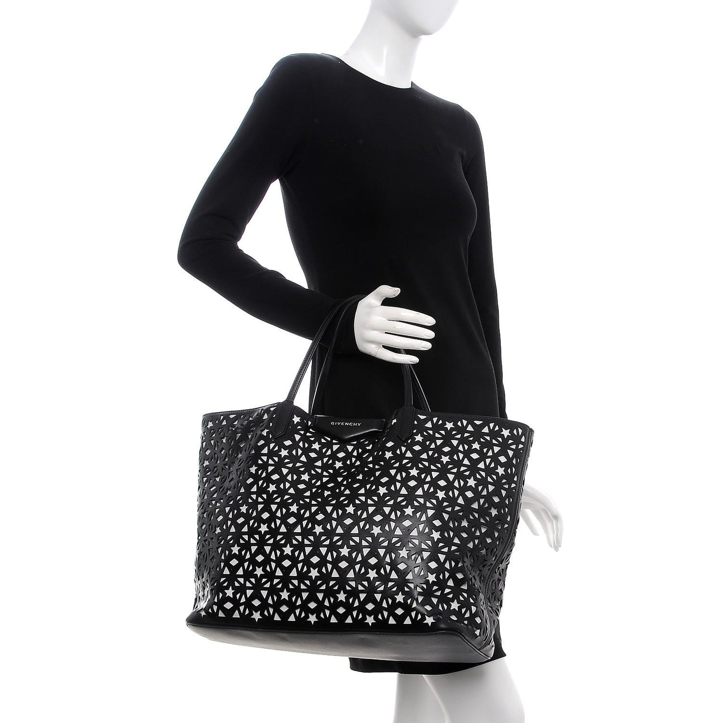 Calfskin Lazer Cut Large Antigona Tote Black White