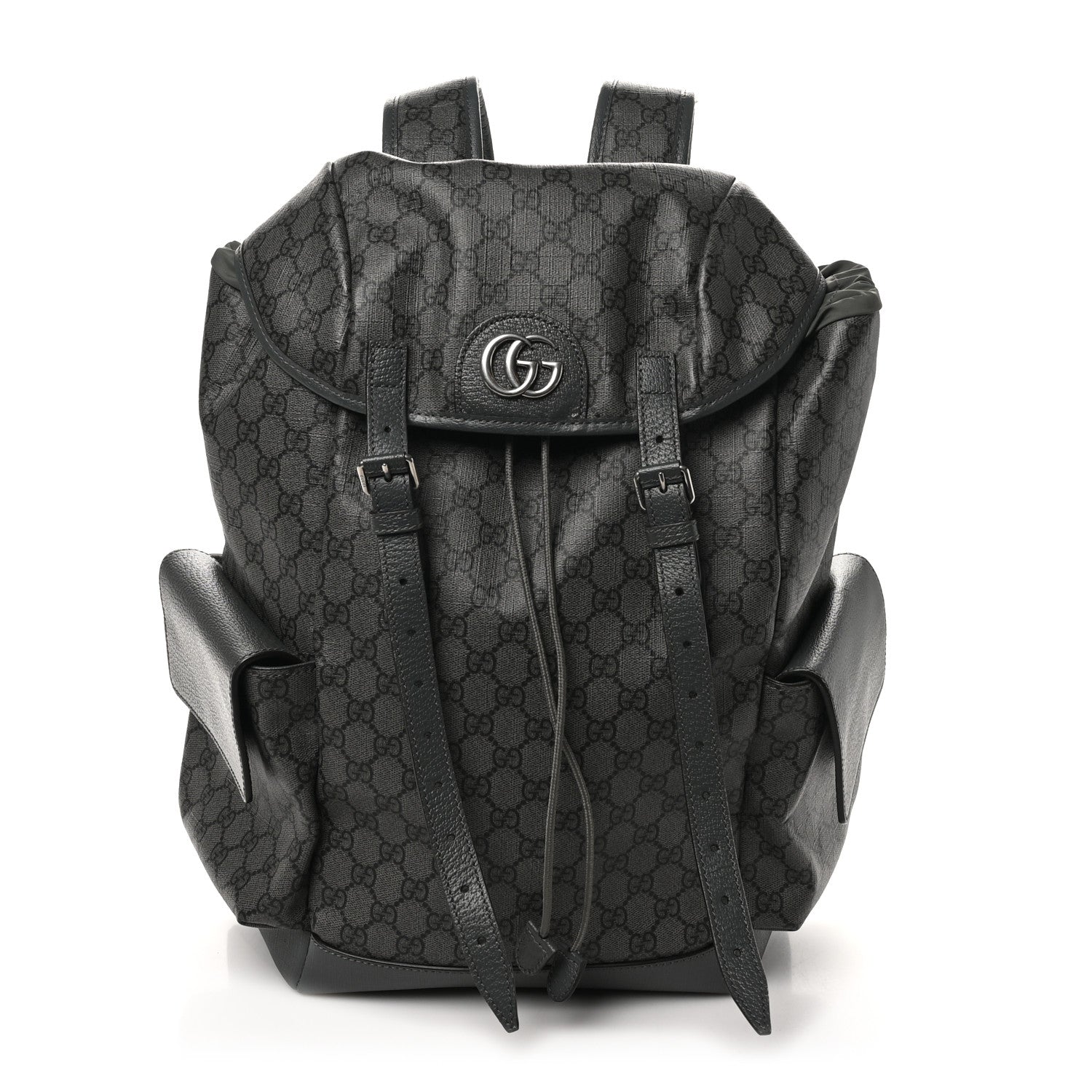 Gucci GG Supreme Monogram Textured Dollar Calfskin Medium Ophidia Double Buckle Backpack Grey Black Graphite Grey 1 of 9