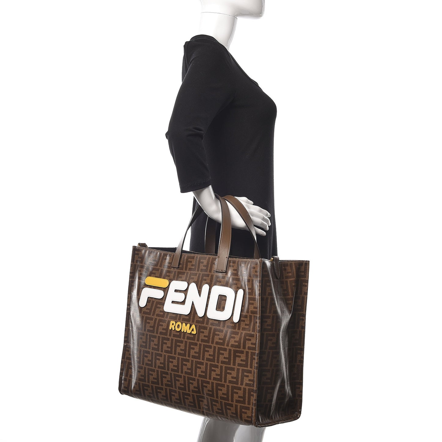 X FILA Glazed Fabric FF 1974 Mania Shopping Tote Bag Mogano Panna White