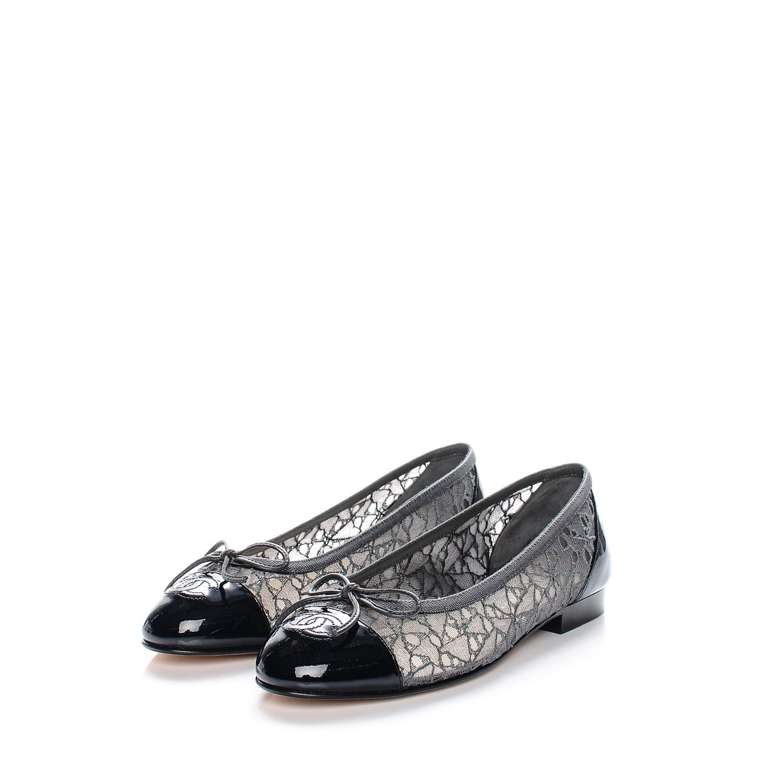 Chanel Lace Patent Calfskin Cap Toe CC Ballerina Flats 36.5 Dark Grey Navy 3 of 7