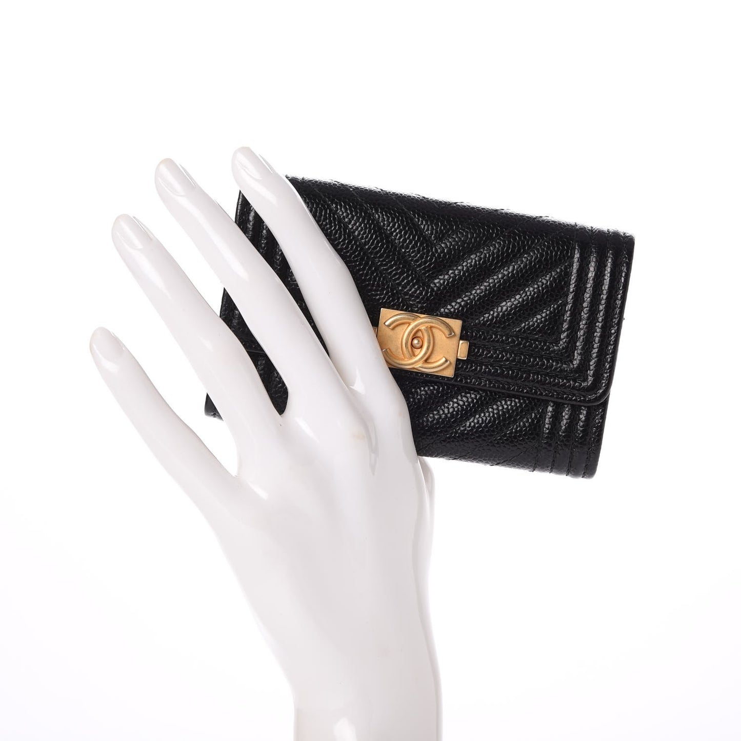 Caviar Chevron Quilted Boy Card Holder Wallet Black