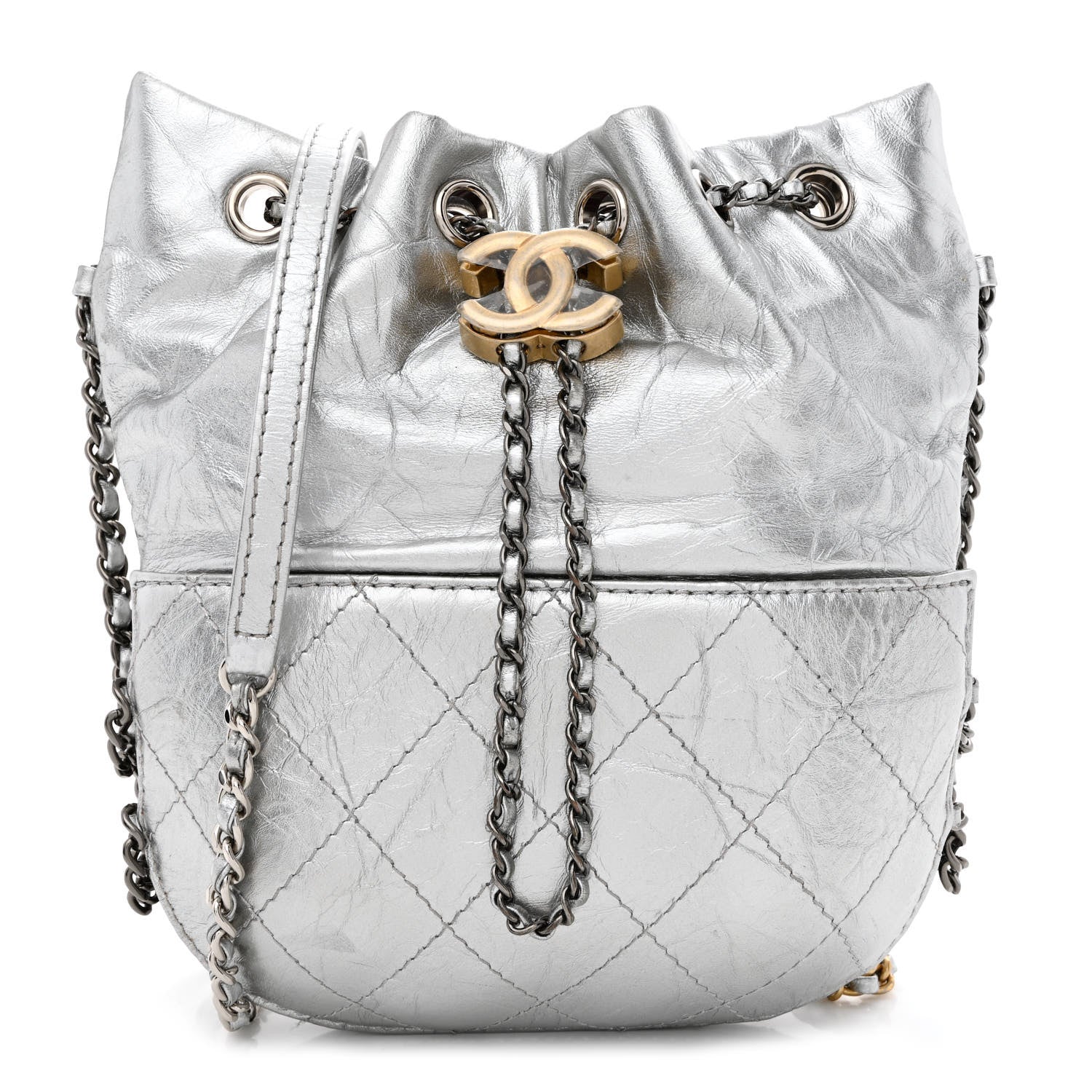 Chanel Metallic Aged Calfskin Quilted Small Gabrielle Bucket Silver 1 of 11