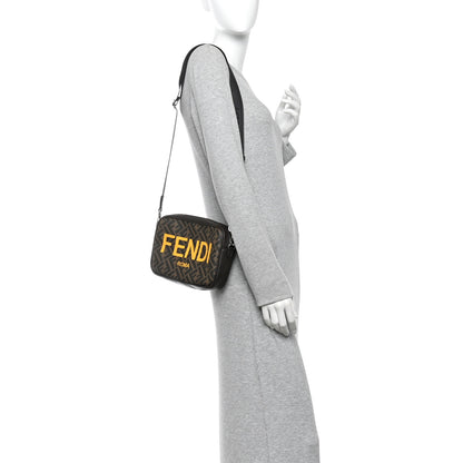 Fendi Shiny Glazed Fabric Vitello Cover FF 1974 Logo Medium Camera Case Tobacco Moro Giallo Ebano 2 of 10