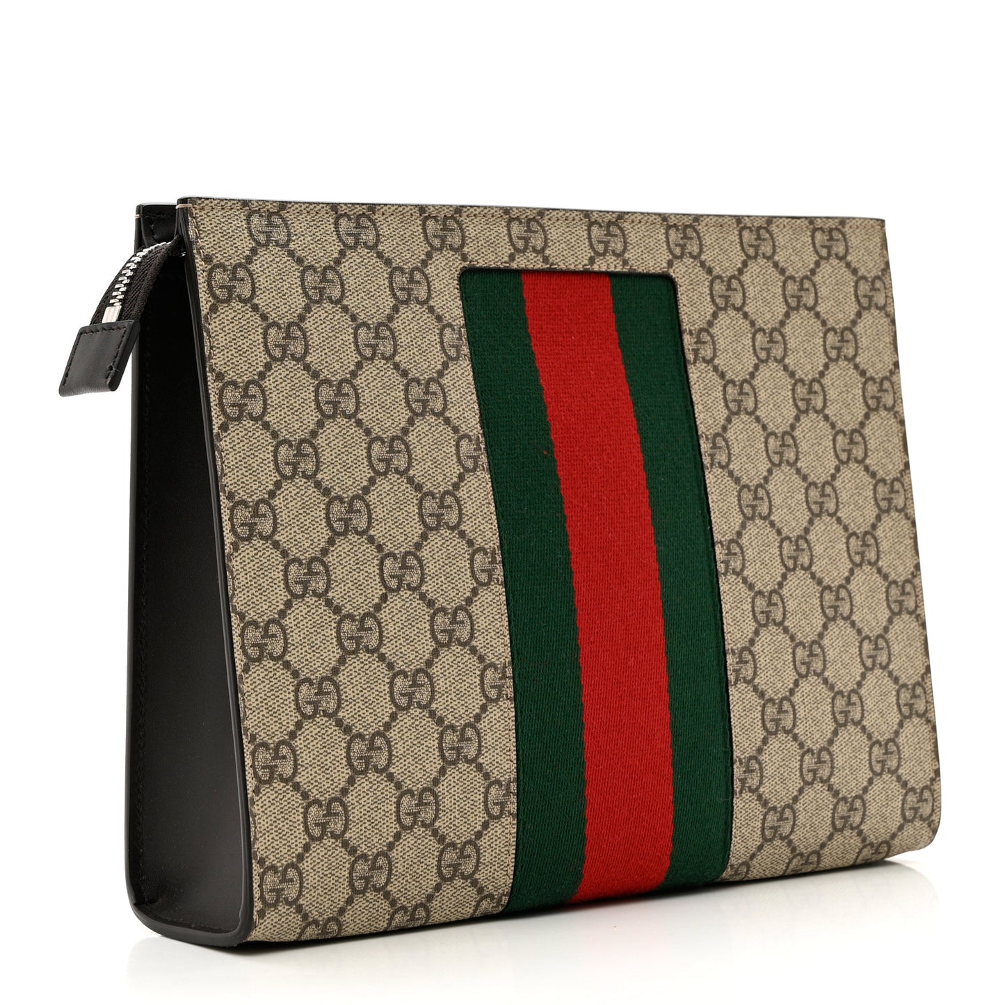 GG Supreme Monogram Selleria Calfskin Web New Web Cosmetic Case Beige Ebony Cocoa