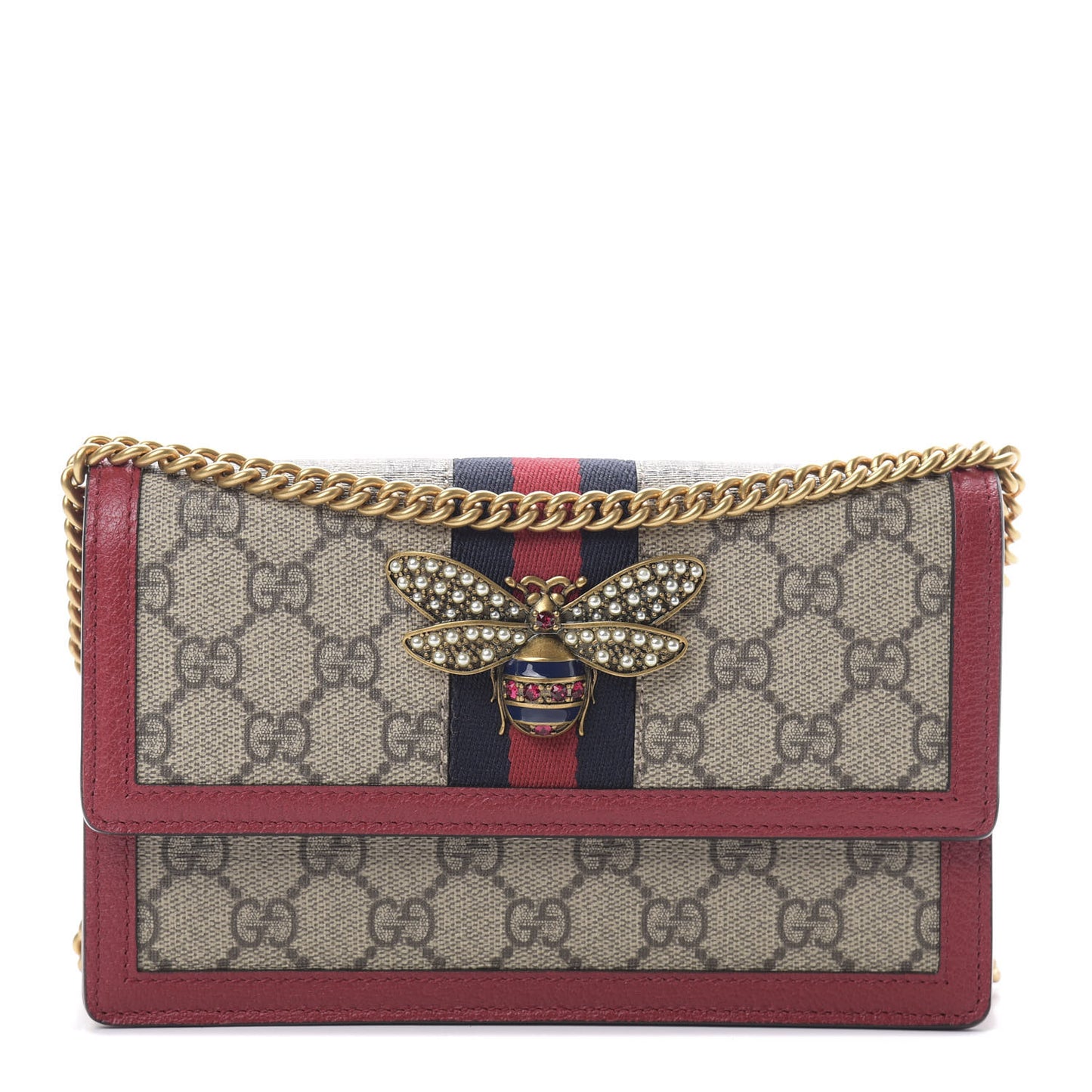 GG Supreme Monogram Web Queen Margaret Chain Wallet Red