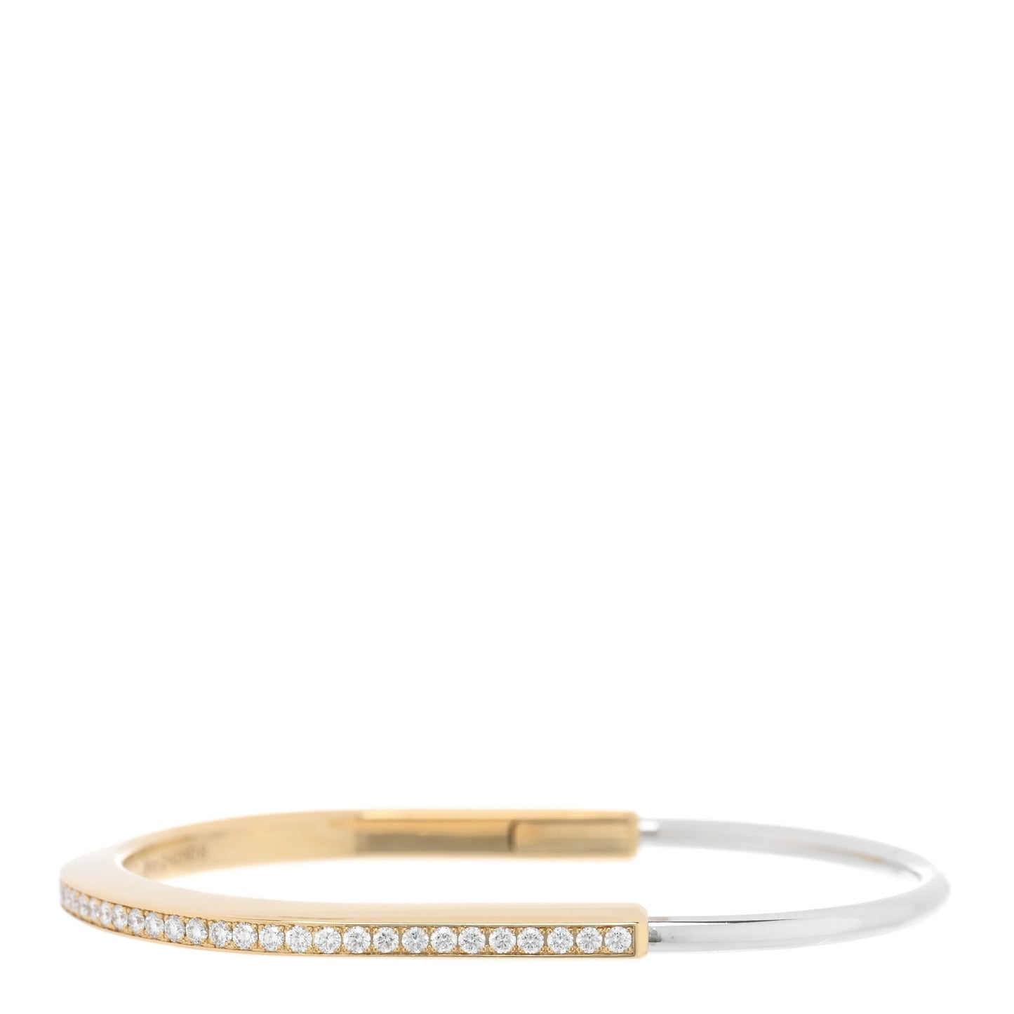 18K Yellow White Gold Diamond Narrow Tiffany Lock Half Pave Bangle Bracelet