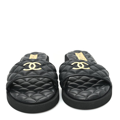 Chanel Lambskin Quilted Textured CC Mules Sandals 38.5 Black 3 of 9