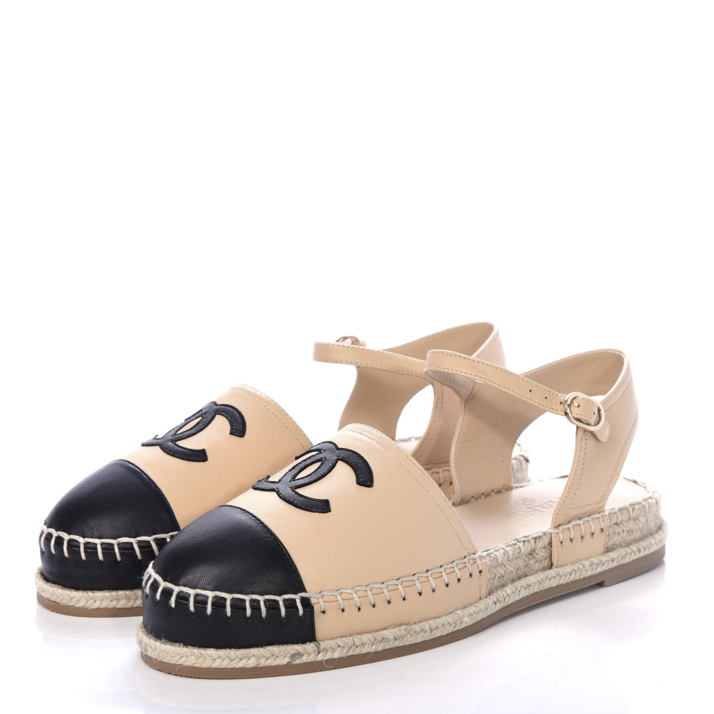 Lambskin Cap Toe CC Espadrille Sandals 39 Beige Black