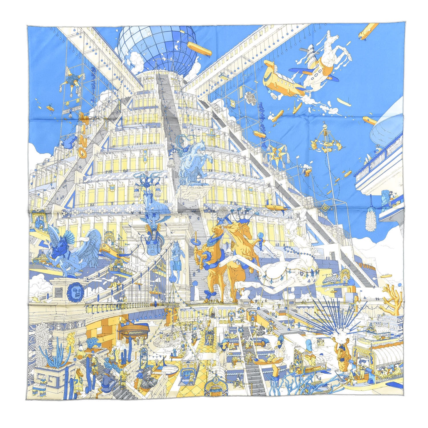Hermes Silk La Legende Du Cheval A Plumes Scarf 90 Bleu Jaune Gold 1 of 4