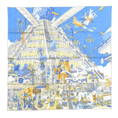 Hermes Silk La Legende Du Cheval A Plumes Scarf 90 Bleu Jaune Gold 1 of 4