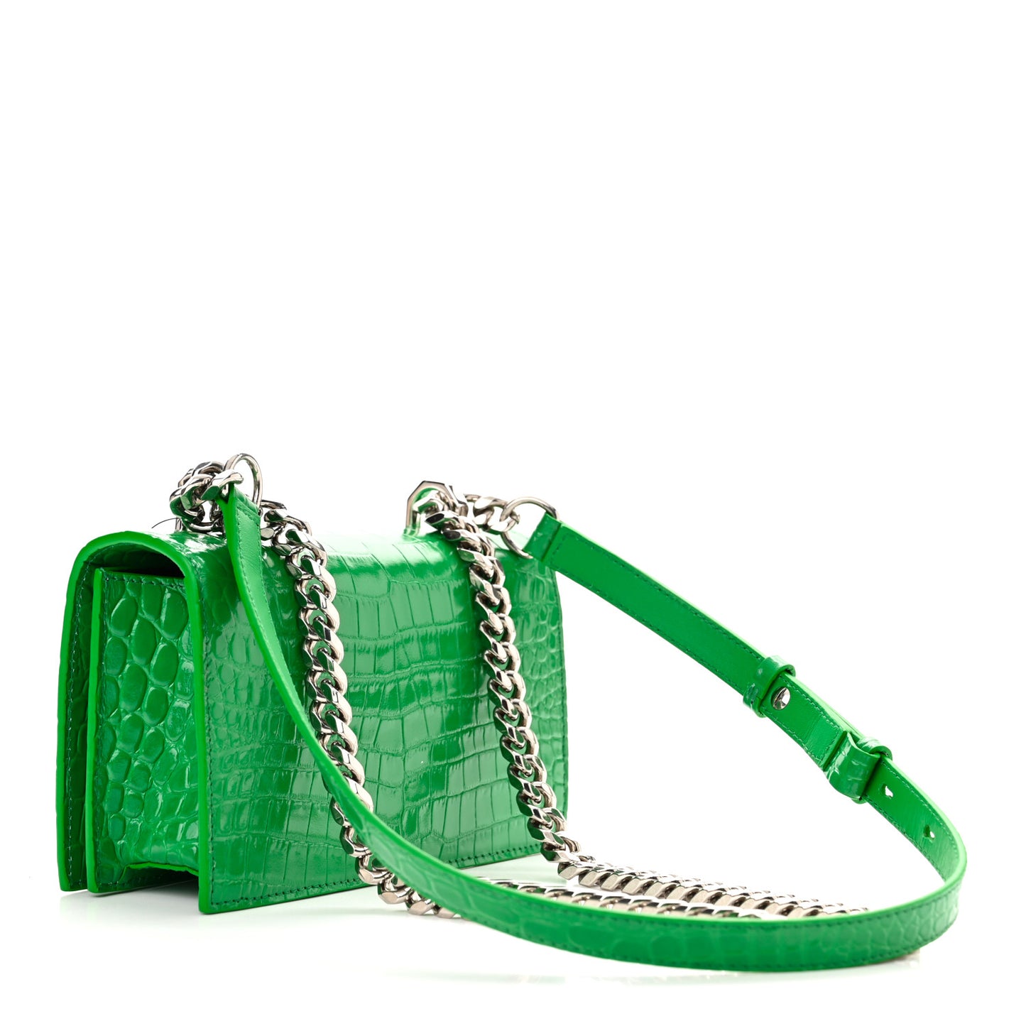 Calfskin Crocodile Embossed Knuckle Shoulder Bag Green
