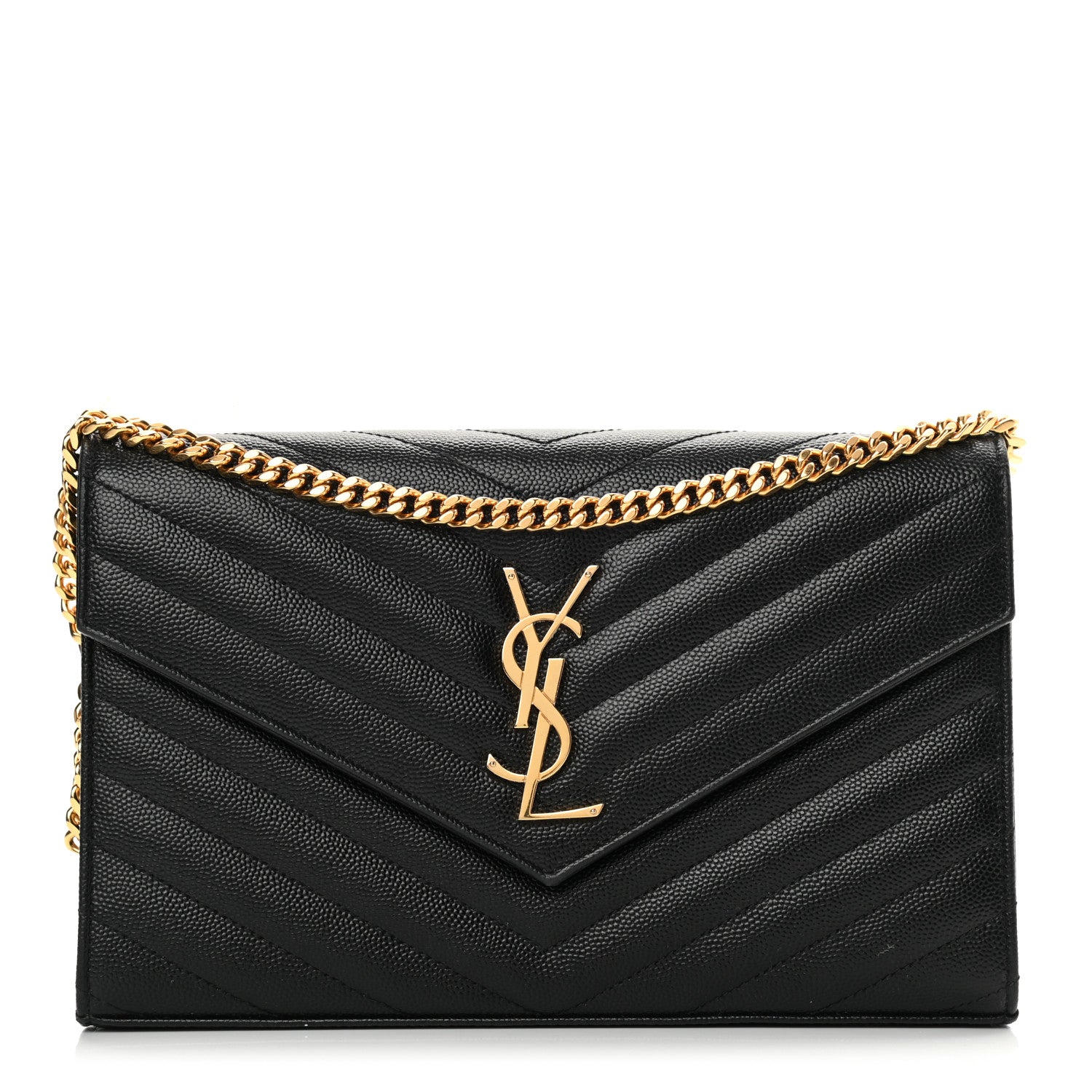 Saint Laurent Grain De Poudre Matelasse Chevron Monogram Chain Wallet Black 1 of 15