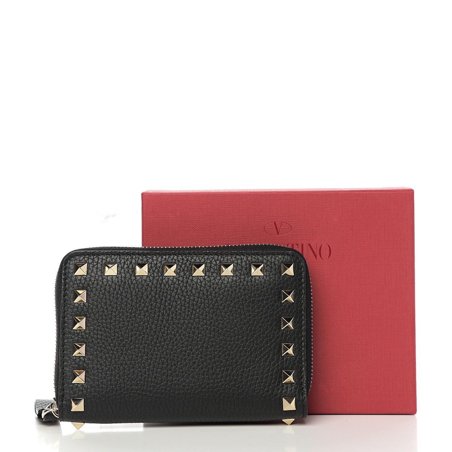 Pebbled Calfskin Medium Rockstud Organizer Zip Around Wallet Black