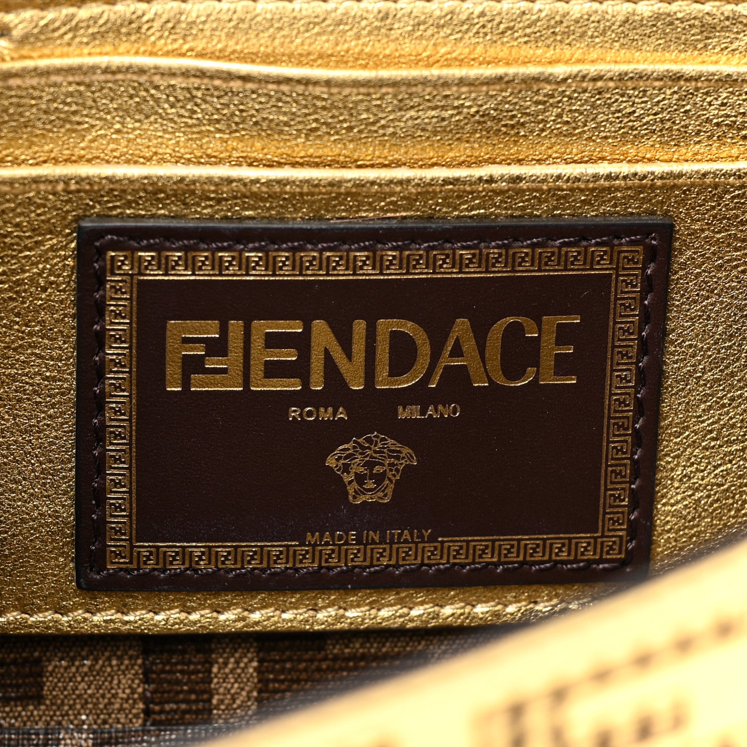 Fendi X VERSACE Vitello Laminato Nappa Perforated Fendace FF Baroque Mini Brooch Baguette Gold 6 of 10