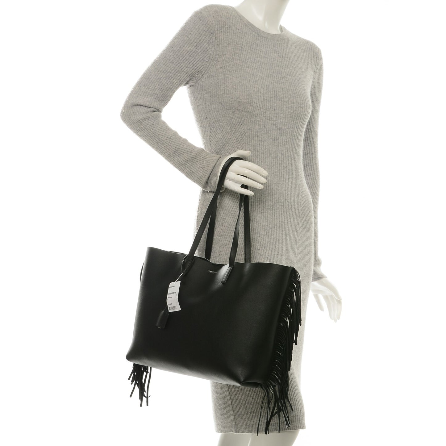 Calfskin Large Fringe Shopping Tote Black