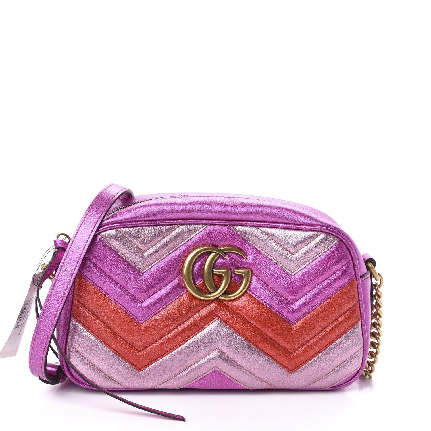 Gucci Laminated Nappa Matelasse Small GG Marmont Chain Shoulder Bag Fuxia Rosso Rosa 1 of 10
