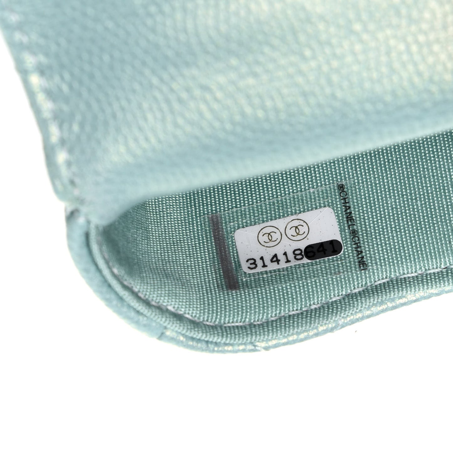 Iridescent Caviar Quilted Pearl On Top Coin Purse With Chain Light Green
