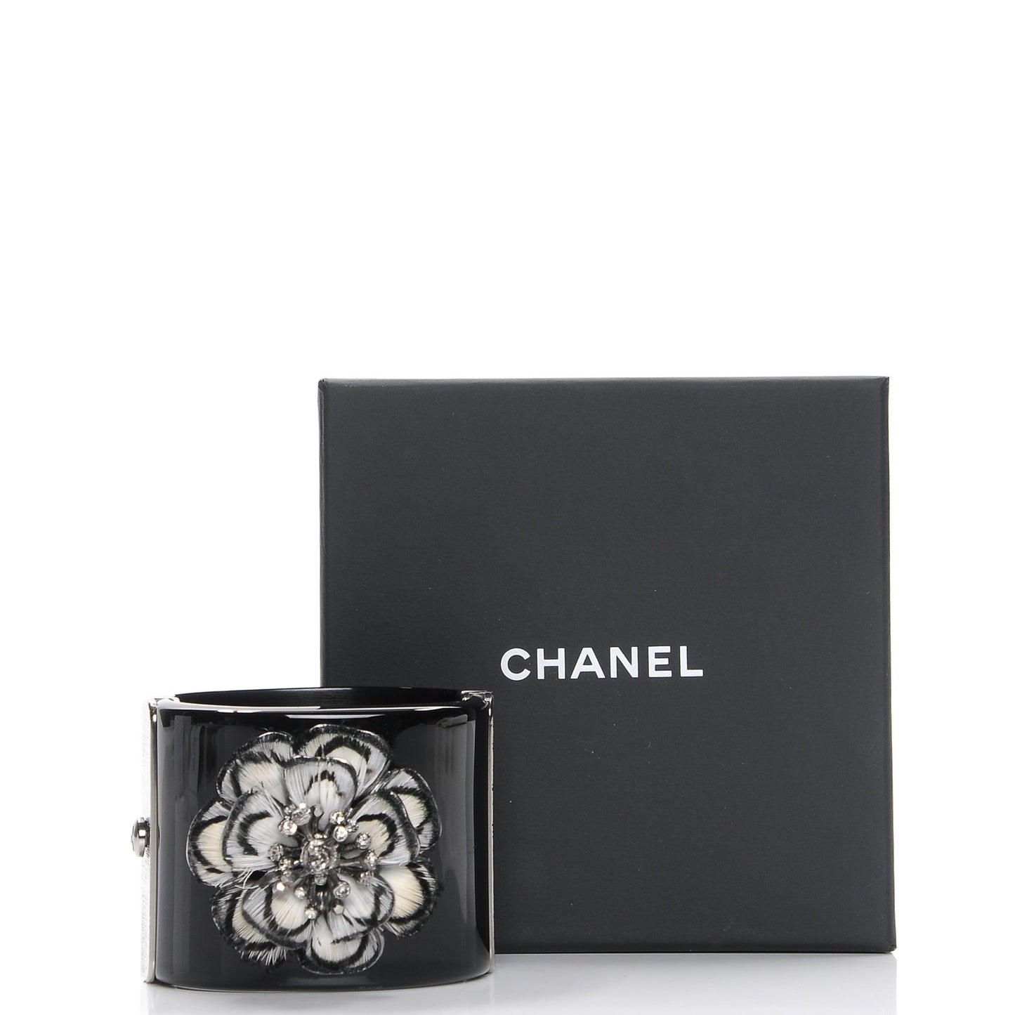 Resin Crystal Feather CC Camellia Wide Cuff Black