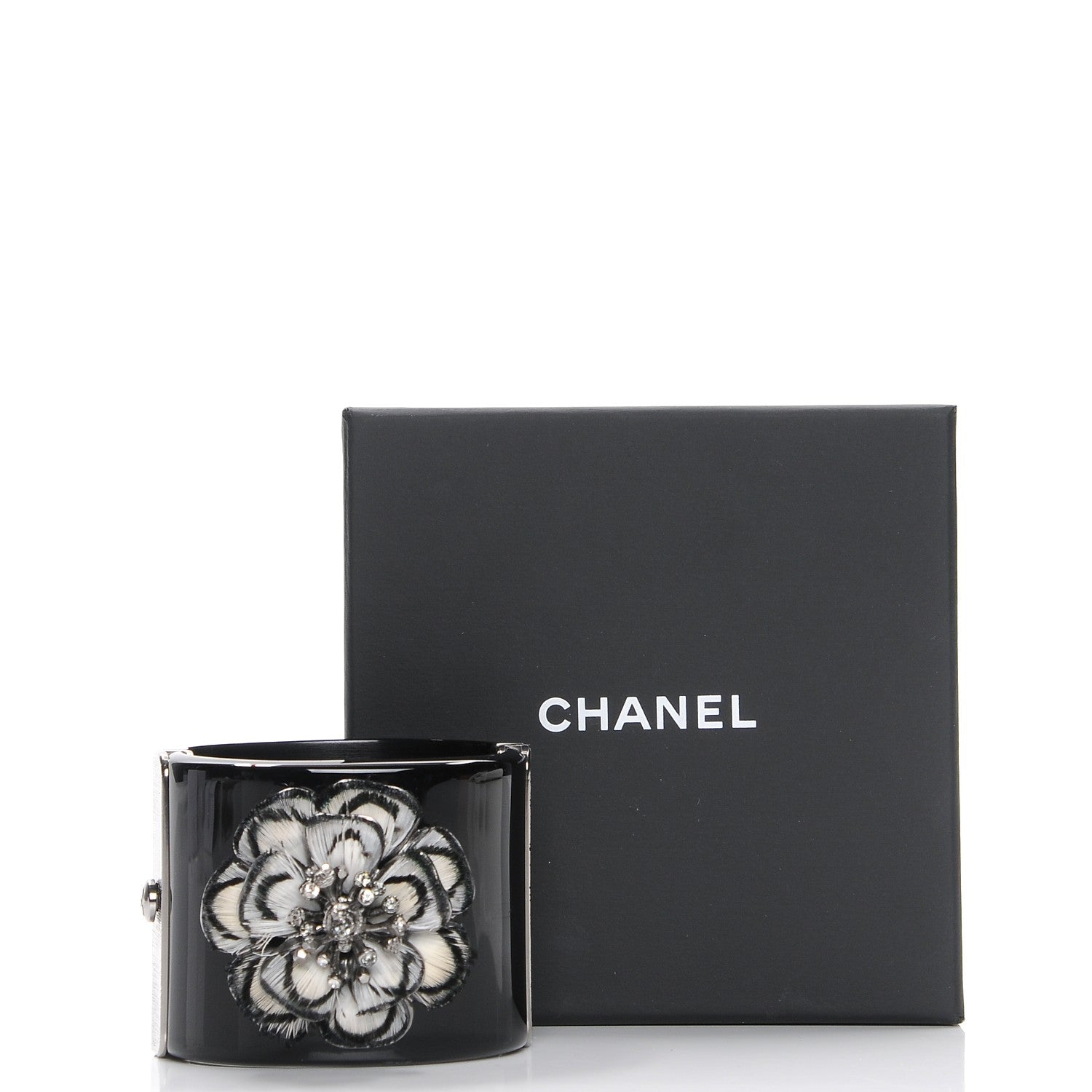 Chanel Resin Crystal Feather CC Camellia Wide Cuff Black 8 of 8
