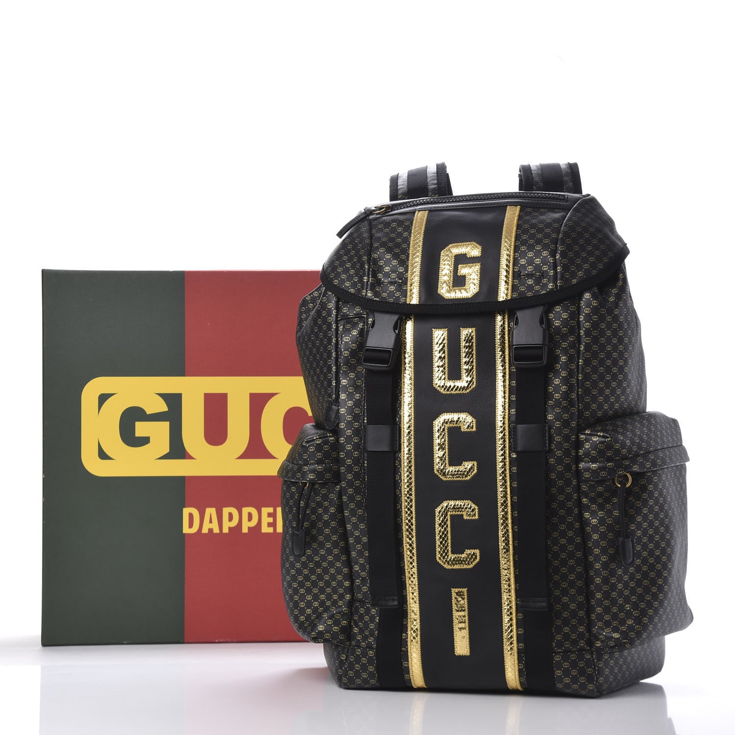 Gucci X DAPPER DAN Calfskin Laminated Ayers GG Micro Monogram Double Buckle Backpack Black Gold 19 of 19