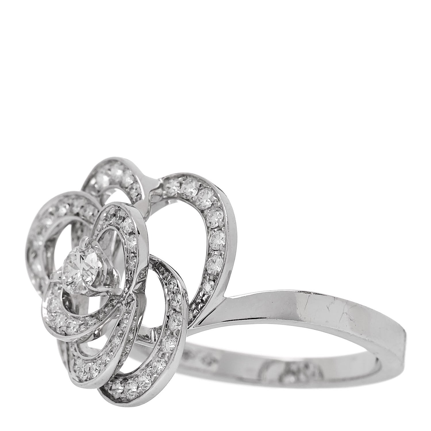 Chanel 18K White Gold Diamond Medium Fil de Camelia Ring 57 8 3 of 6