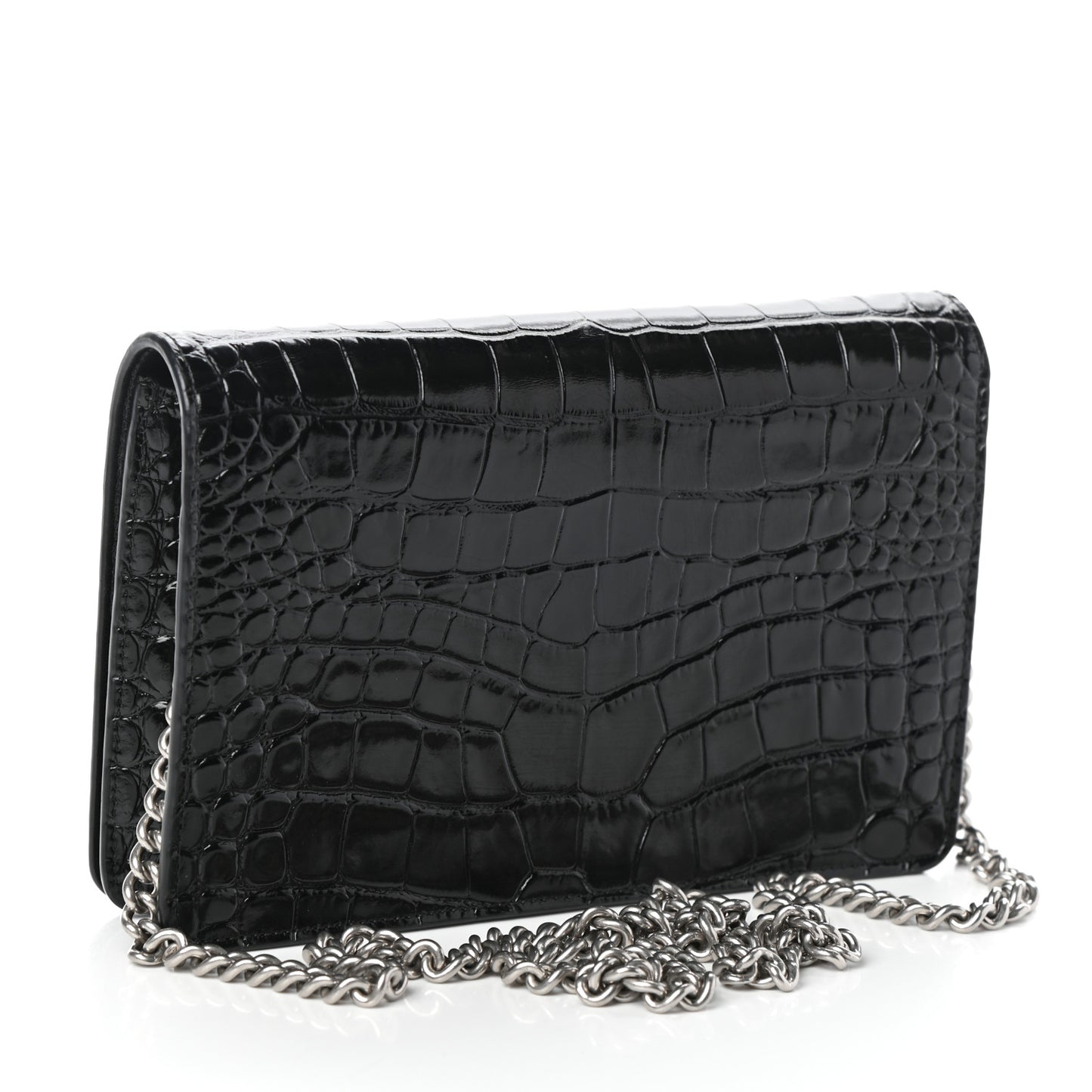 Shiny Calfskin Logo Crocodile Embossed Ville Wallet on Chain Black