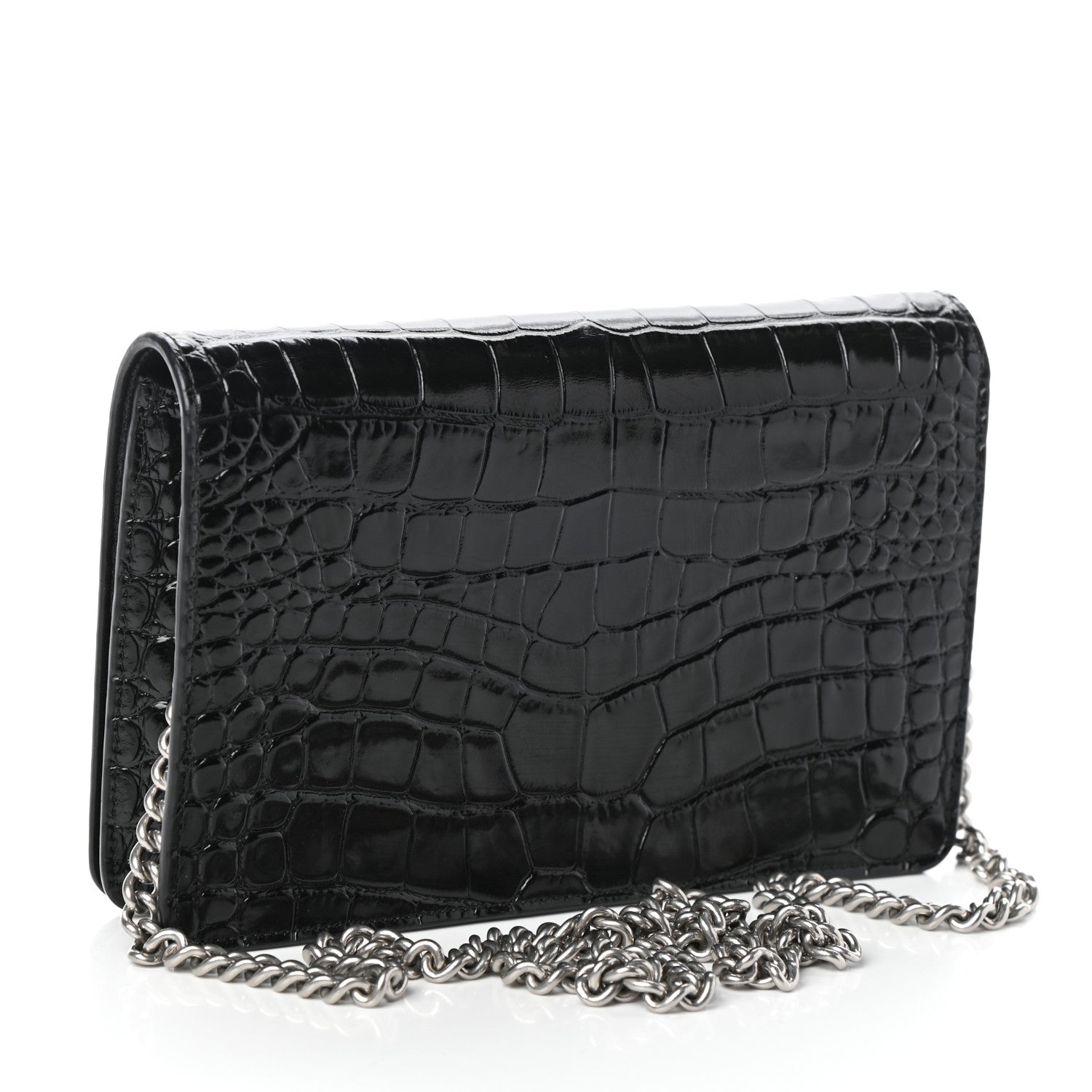 Balenciaga Shiny Calfskin Logo Crocodile Embossed Ville Wallet on Chain Black 3 of 9