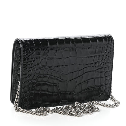 Balenciaga Shiny Calfskin Logo Crocodile Embossed Ville Wallet on Chain Black 3 of 9