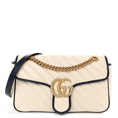 Gucci Vintage Effect Calfskin Matelasse Diagonal Small Torchon GG Marmont Shoulder Bag Mystic White Blue Agata 1 of 10