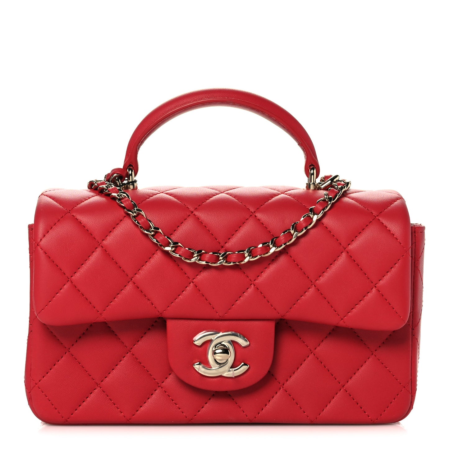 Lambskin Quilted Mini Top Handle Rectangular Flap Red