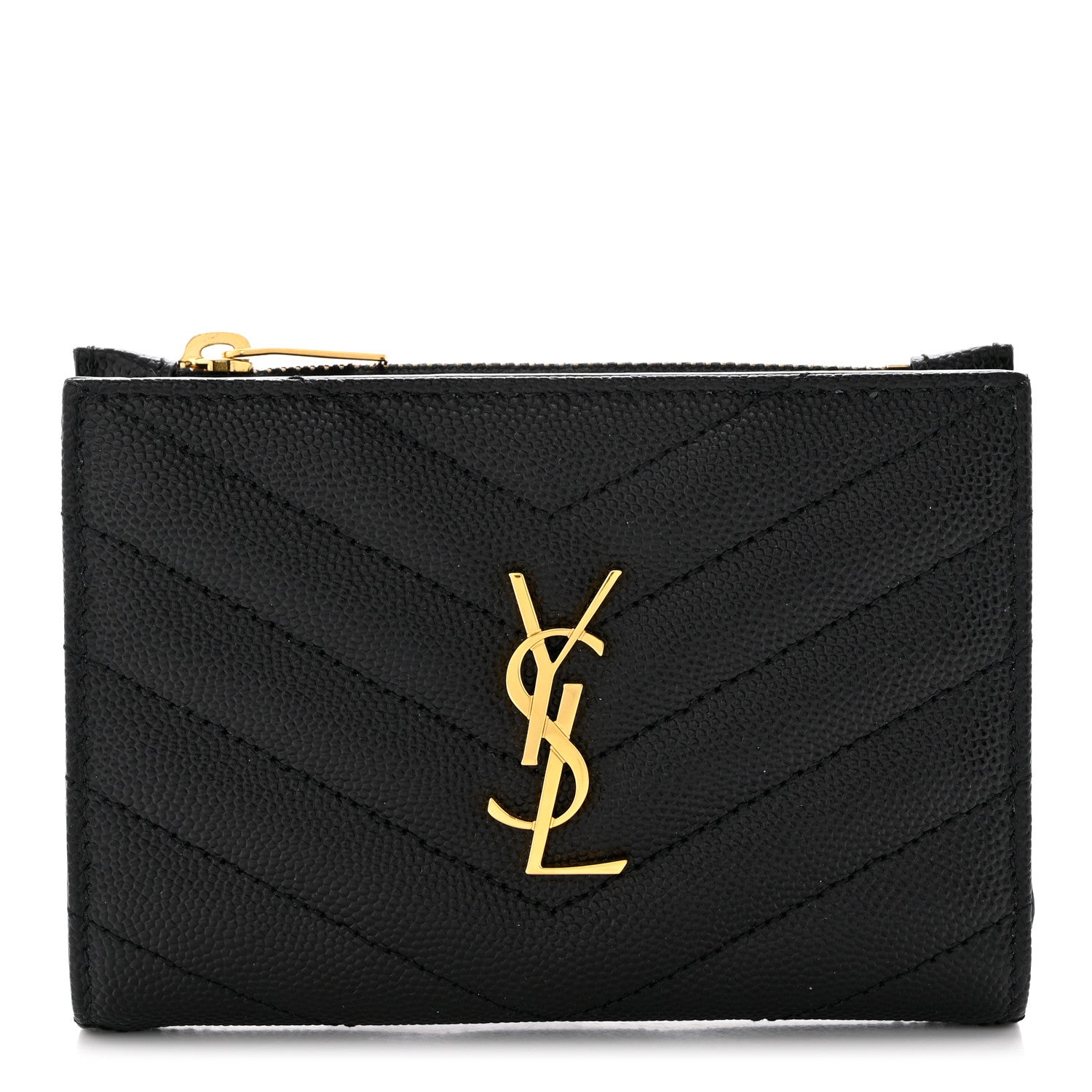 Saint Laurent Grain De Poudre Matelasse Chevron Monogram Zipped Two-Part Wallet Black 1 of 8