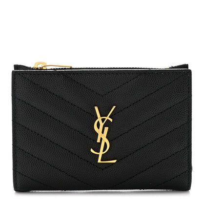 Saint Laurent Grain De Poudre Matelasse Chevron Monogram Zipped Two-Part Wallet Black 1 of 8