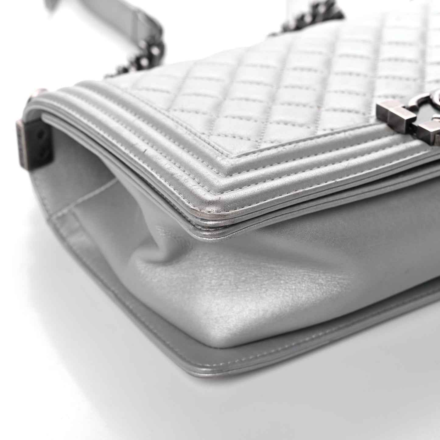 Metallic Lambskin Quilted Medium Boy Flap Silver