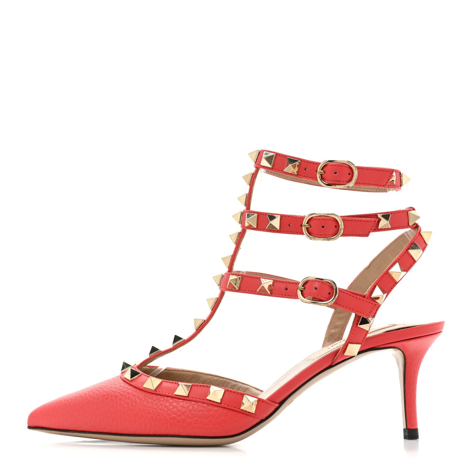 Valentino Garavani Pebbled Calfskin Rockstud Ankle Strap 65mm Pumps 35.5 Deep Coral 1 of 9