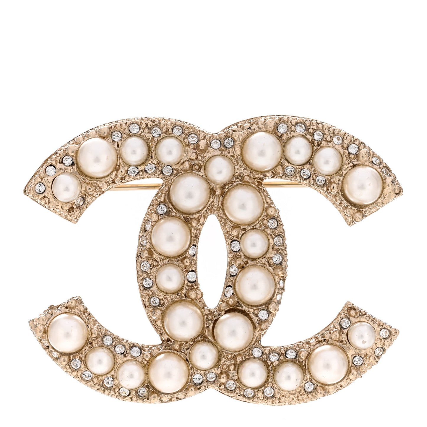 Metal Crystal Graduated Pearl CC Brooch Gold
