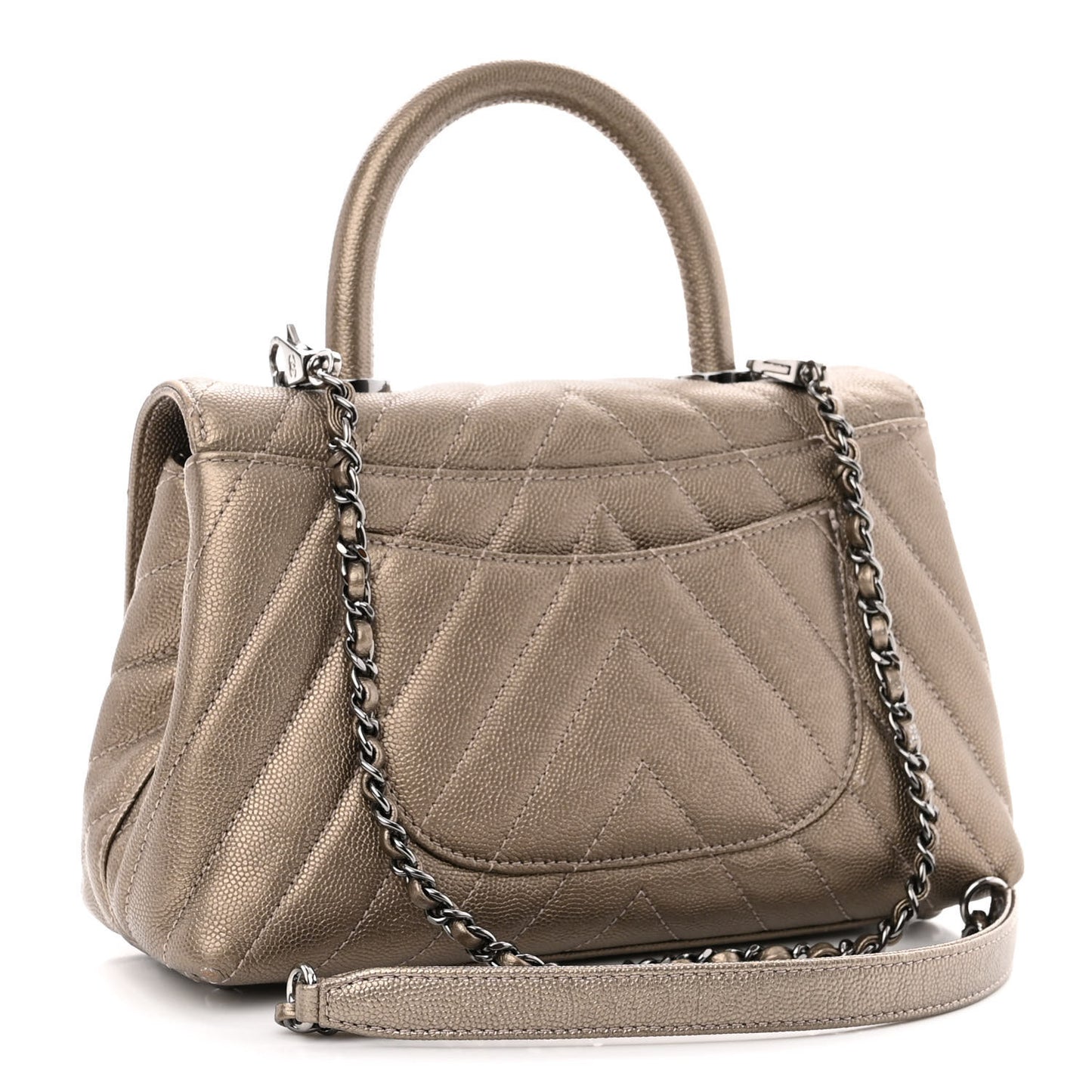 Metallic Caviar Chevron Quilted Mini Coco Handle Flap Light Gold
