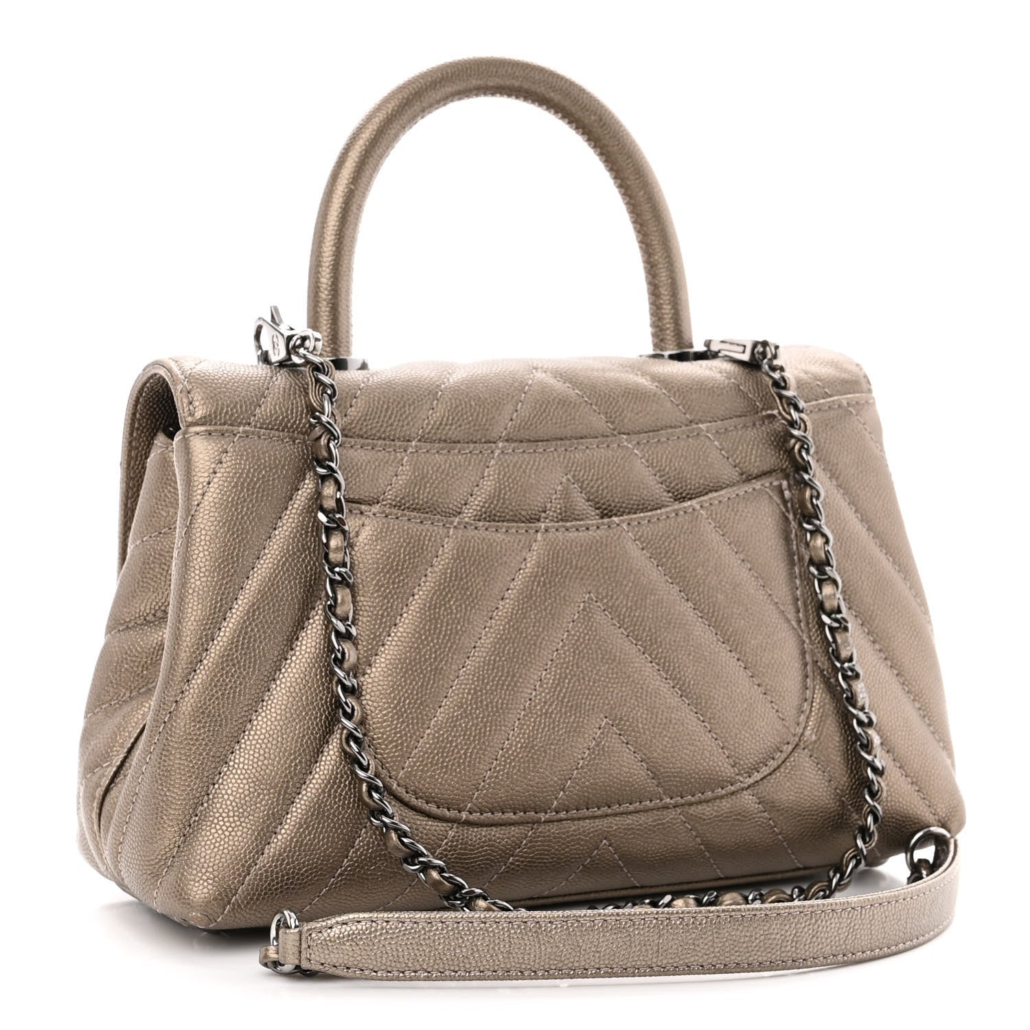 Chanel Metallic Caviar Chevron Quilted Mini Coco Handle Flap Light Gold 3 of 11