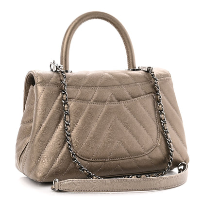 Chanel Metallic Caviar Chevron Quilted Mini Coco Handle Flap Light Gold 3 of 11